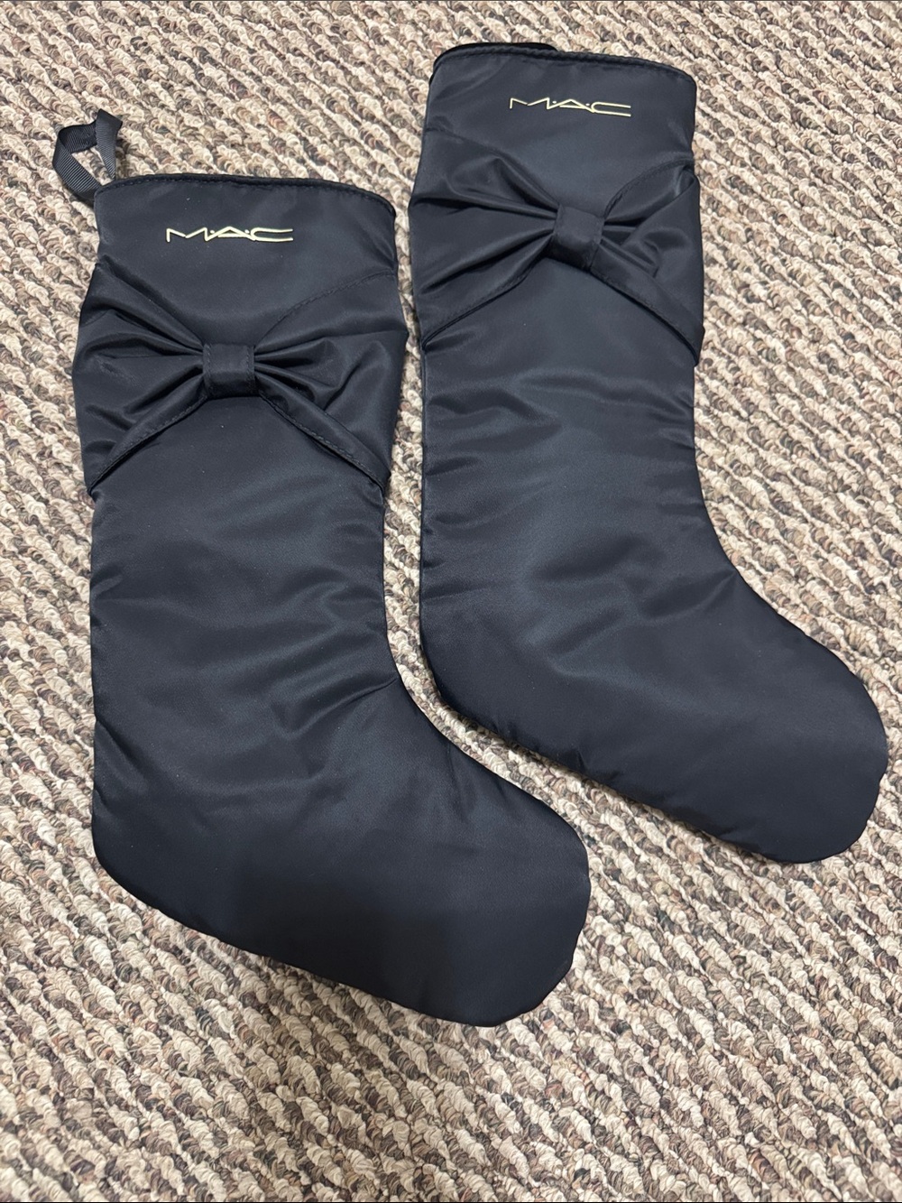 MAC Black Satin Bow Cosmetic Stockings with Gold Logo